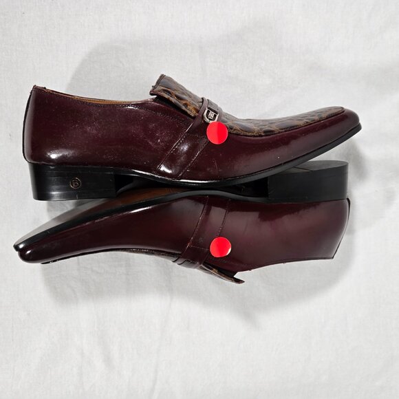 Vintage BALLY Rockabilly Red Wine Patent Leather Brown Crocodile Loafers Size 9. - Picture 12 of 17